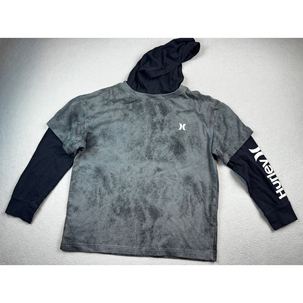 Hurley Boys Medium 10-12 Long Sleeve Hooded Tee Grey Acid Wash Layered Look